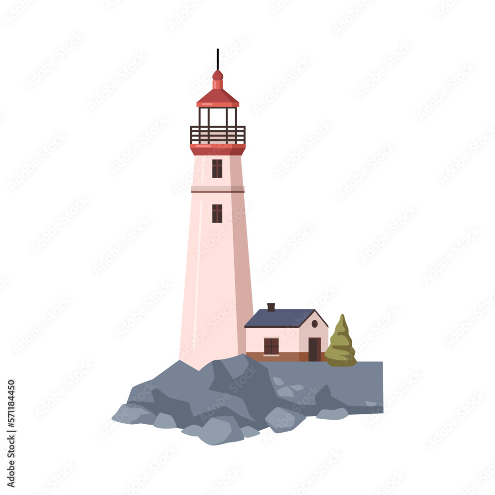 Beacon tower with observation point and light signal. Isolated lighthouse by shore, guidance for shi