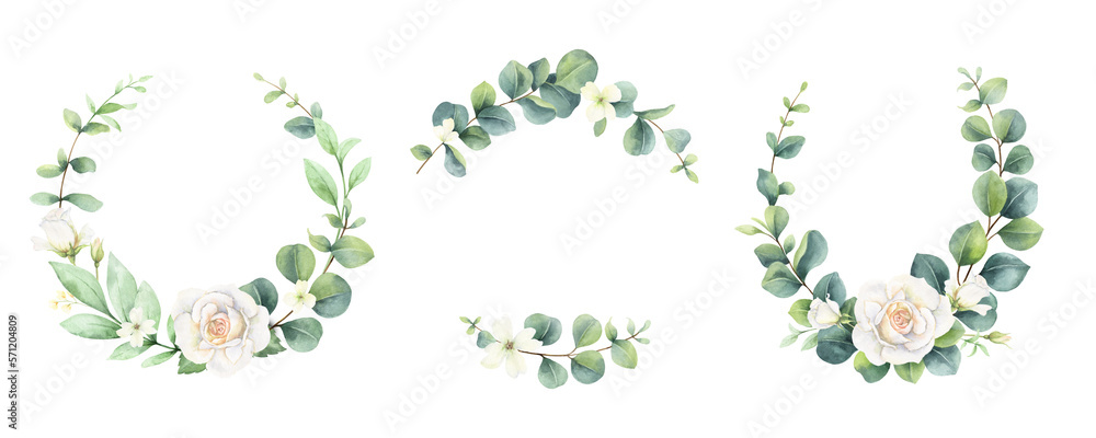 Watercolor floral set of wreaths of eucalyptus and roses. Greenery flower for wedding invitation, di