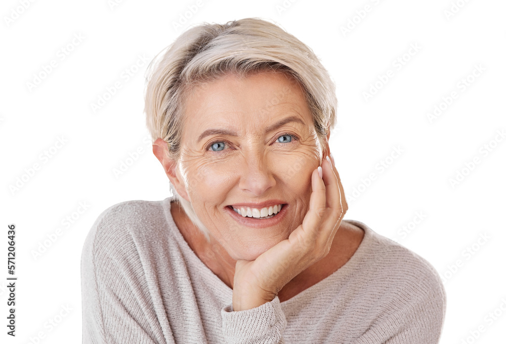 A happy caucasian mature woman looking cheerful while showing her natural looking teeth isolated on 