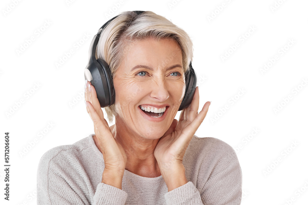 A happy mature woman wearing headphones to listen to music. Smiling caucasian senior with grey hair 