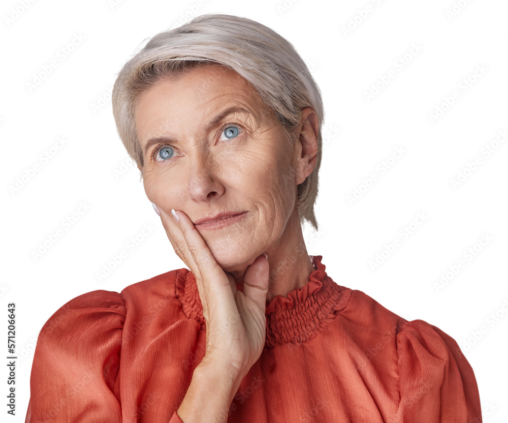 A beautiful caucasian mature woman posing with a hand on her cheek and thinking of memories. Contemp