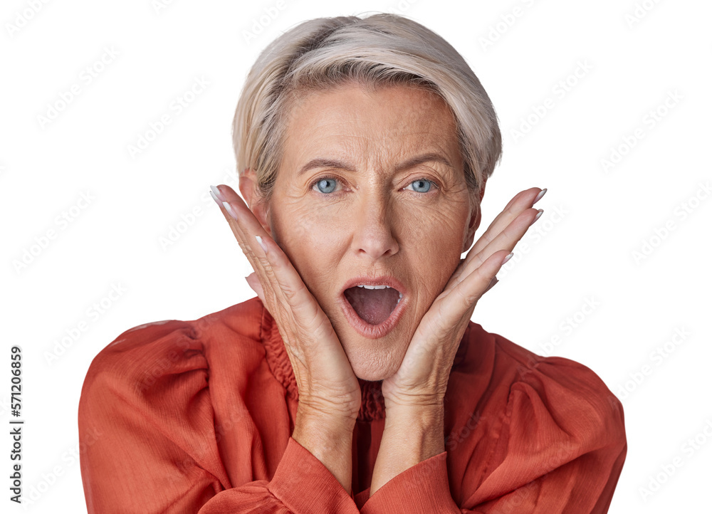 An astonished surprised and old face of a beautiful senior woman with a wow facial expression about 