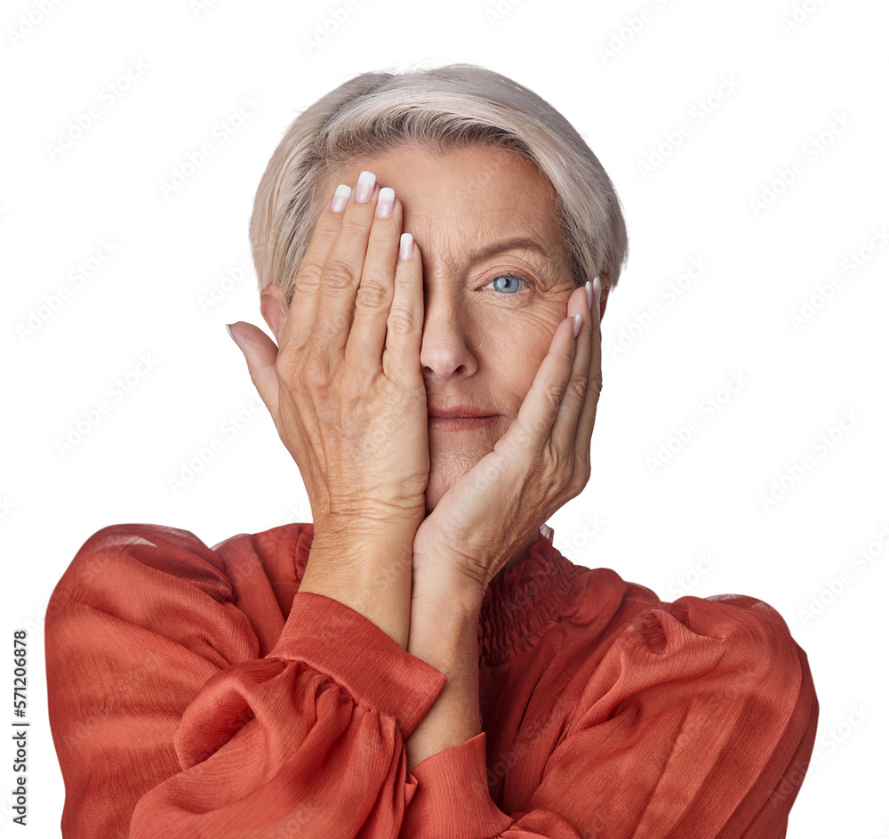 A mature senior woman touching her face with her hands and covering her eye with her hand to show go