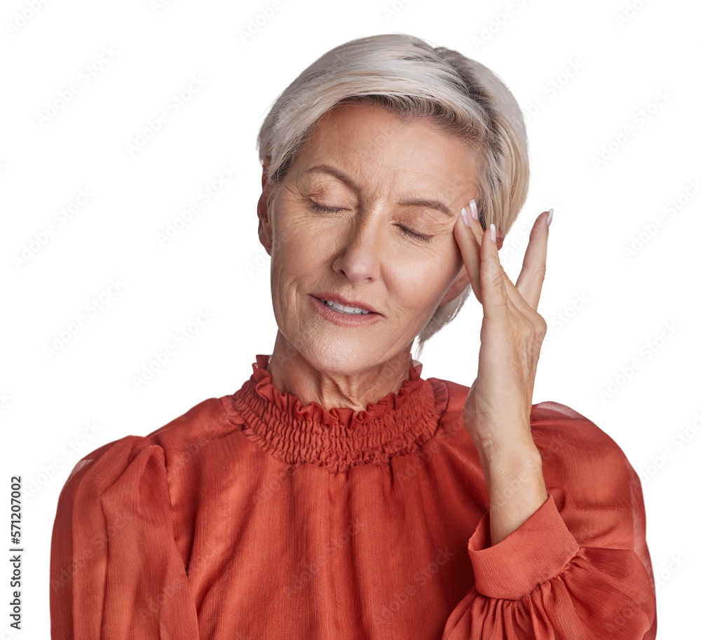 One mature woman suffering with a headache and looking stressed. Ageing woman experiencing anxiety a