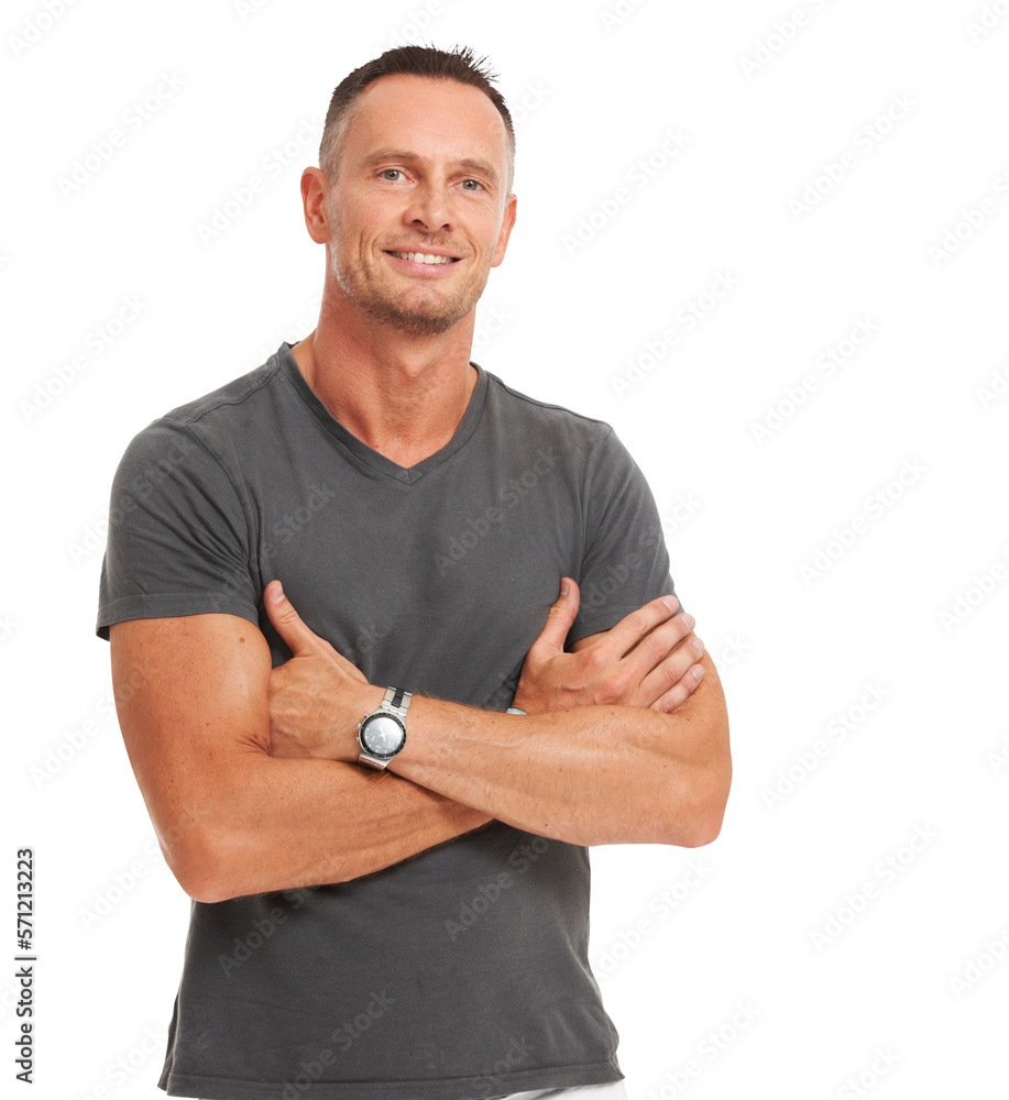 A positive smiling mature man standing in confidence with his arms crossed in a trendy casuals isola