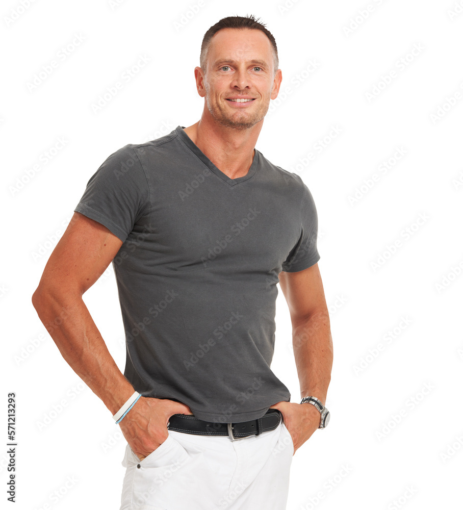 A mature fashinable handsome man posing in style in trendy outfit for relaxing summer isolated on a 