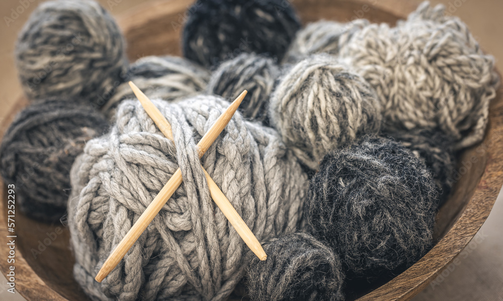 Close-up, yarn with gray threads for knitting.