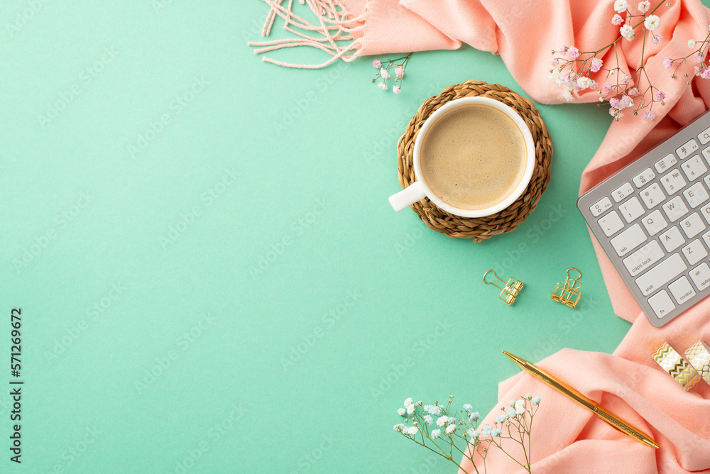 Business concept. Top view photo of keyboard cup of coffee on rattan serving mat golden pen binder c