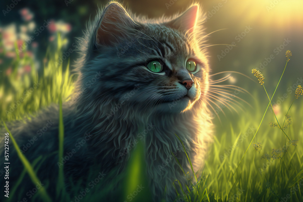 Cute cat in the grass with morning sun behind. Fictional. Created with Generative AI technology.