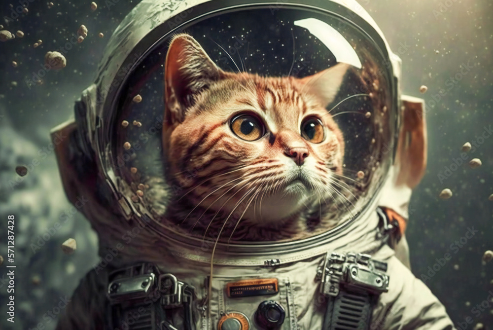 Astronaut cat. Cute cat wearing an astronaut suit. Created with Generative AI technology.