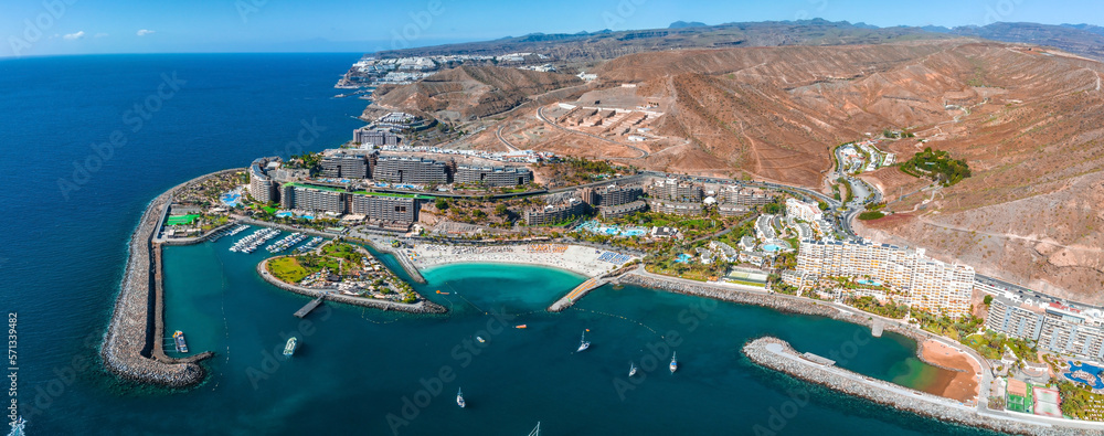 Beautiful aerial landscape with Anfi beach and resort, Gran Canaria, Spain. Luxury hotels, turquoise