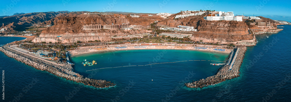 Aerial view of the Amadores beach on the Gran Canaria island in Spain. The most beautiful beach on t