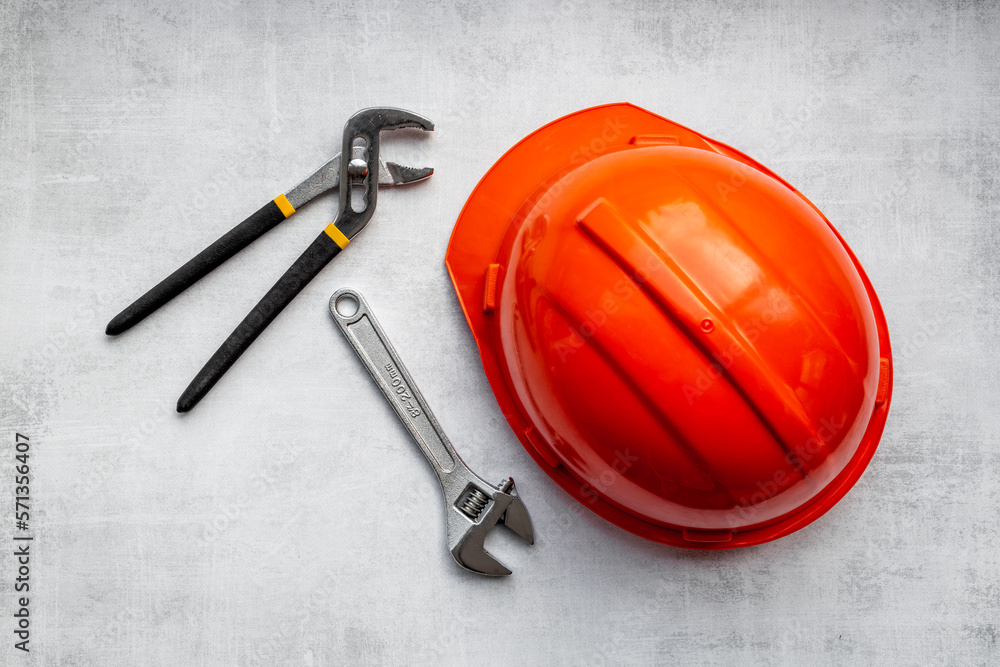 Tools with engineer safety construction helmet top view