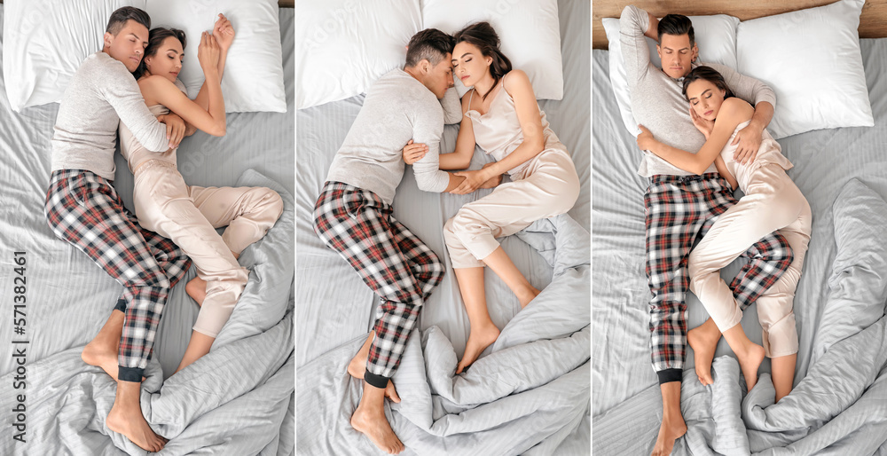 Set of young couple sleeping in bed, top view