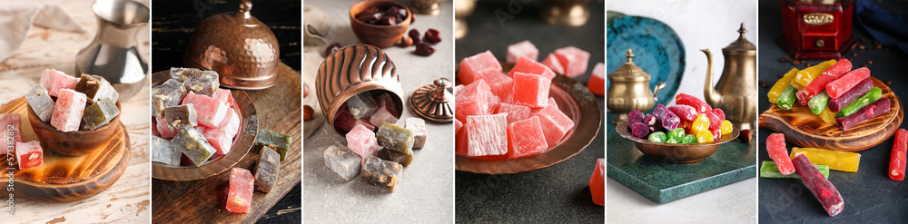 Collection of tasty Turkish delight on table