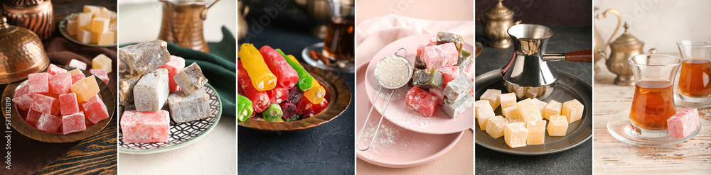 Collage of tasty Turkish delight with tea and coffee on table