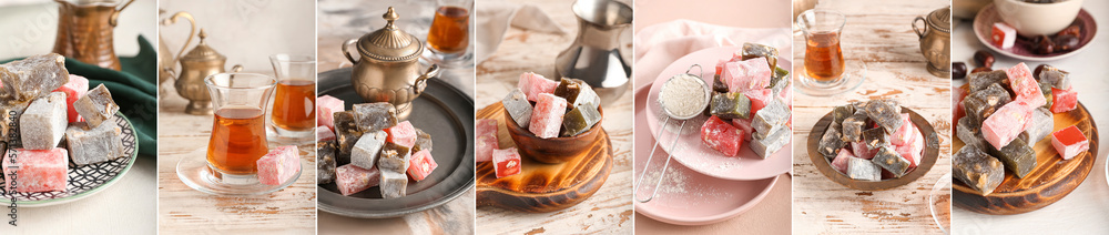 Collage of tasty Turkish delight with tea on light table