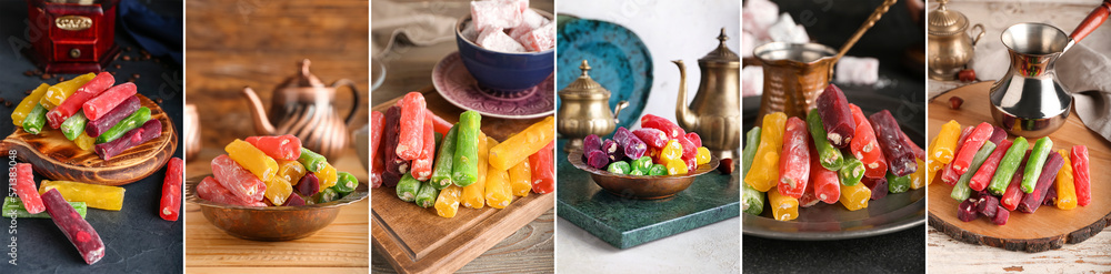 Collage of tasty Turkish delight with coffee on table