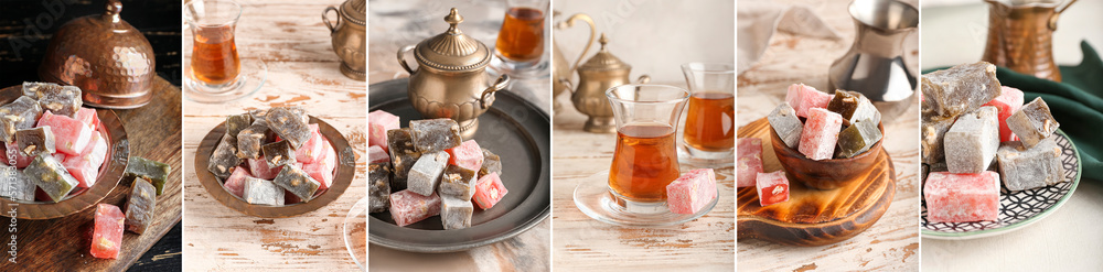 Collage of tasty Turkish delight with tea on table