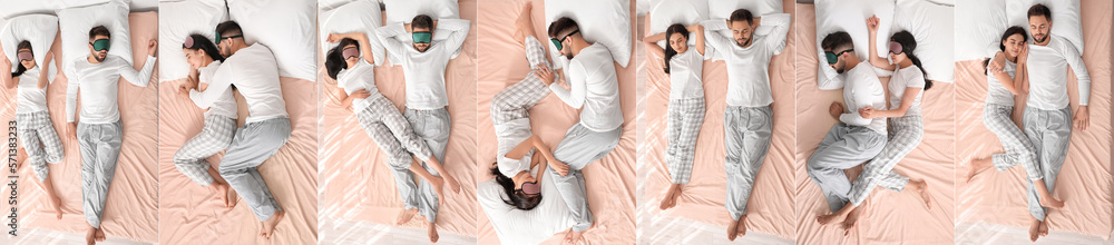 Collection of young couple sleeping in bed, top view