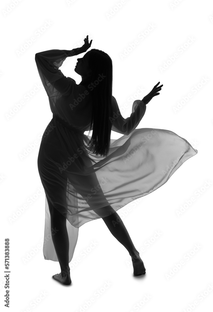 Silhouette of female ballerina dancing on white background