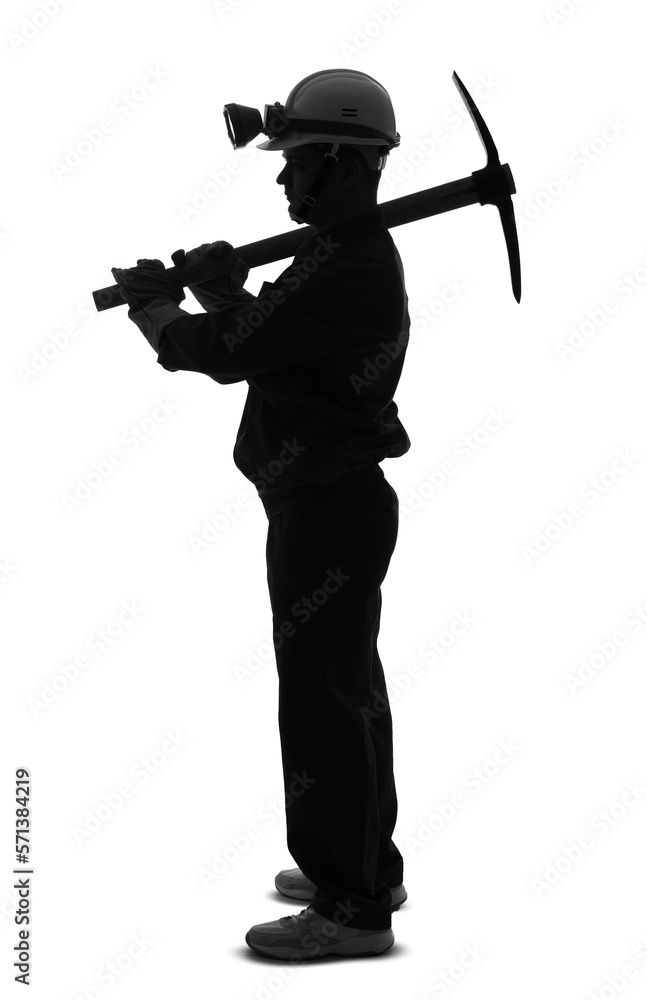 Silhouette of male miner with pick on white background