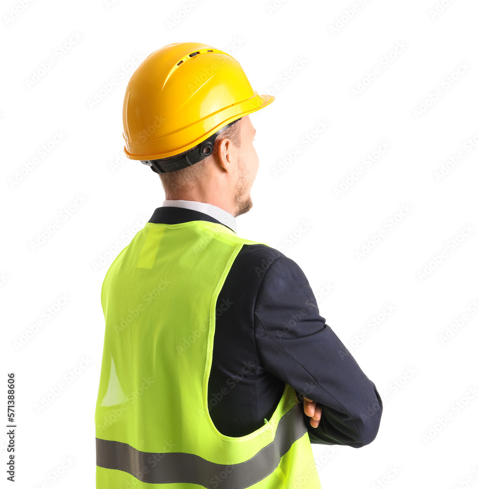 Male architect in vest on white background