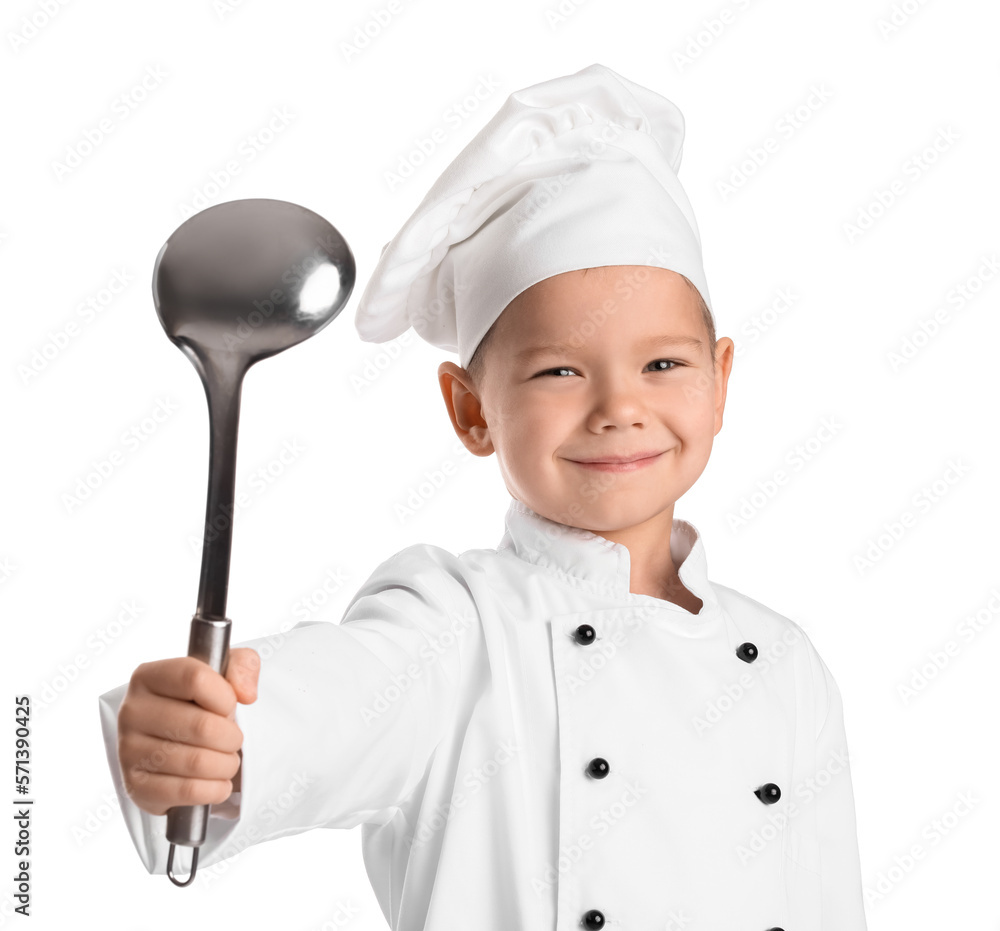 Cute little chef with ladle on white background