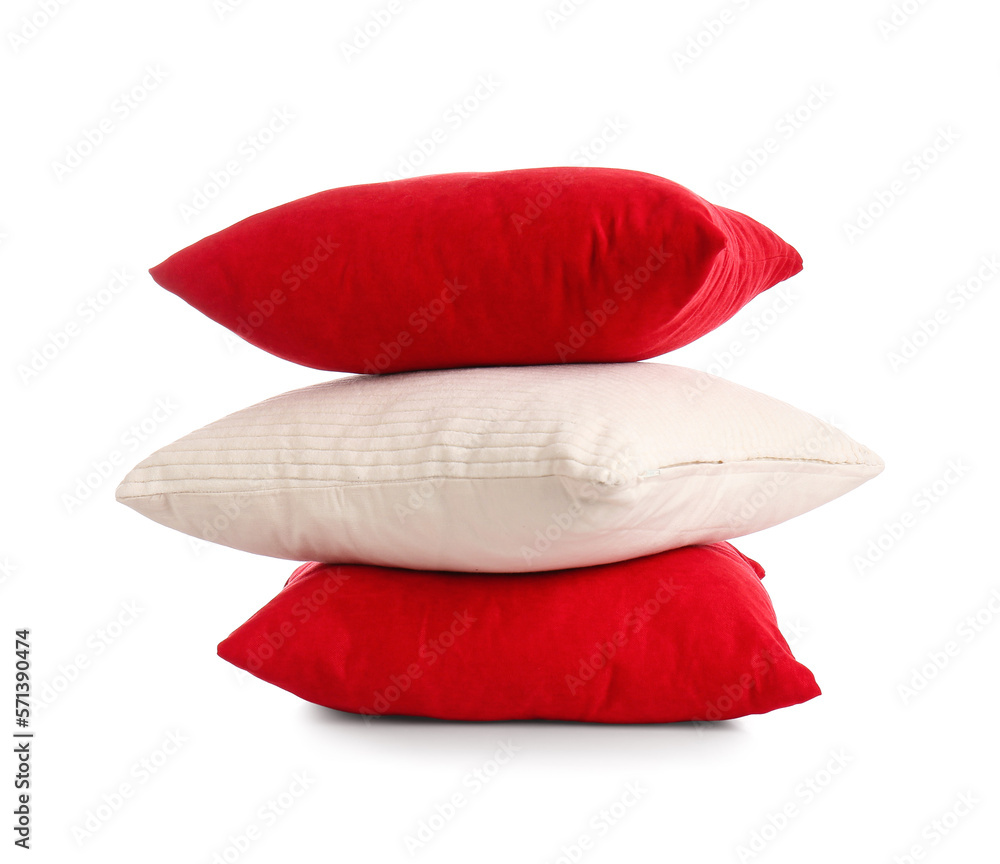 Stack of stylish pillows on white background