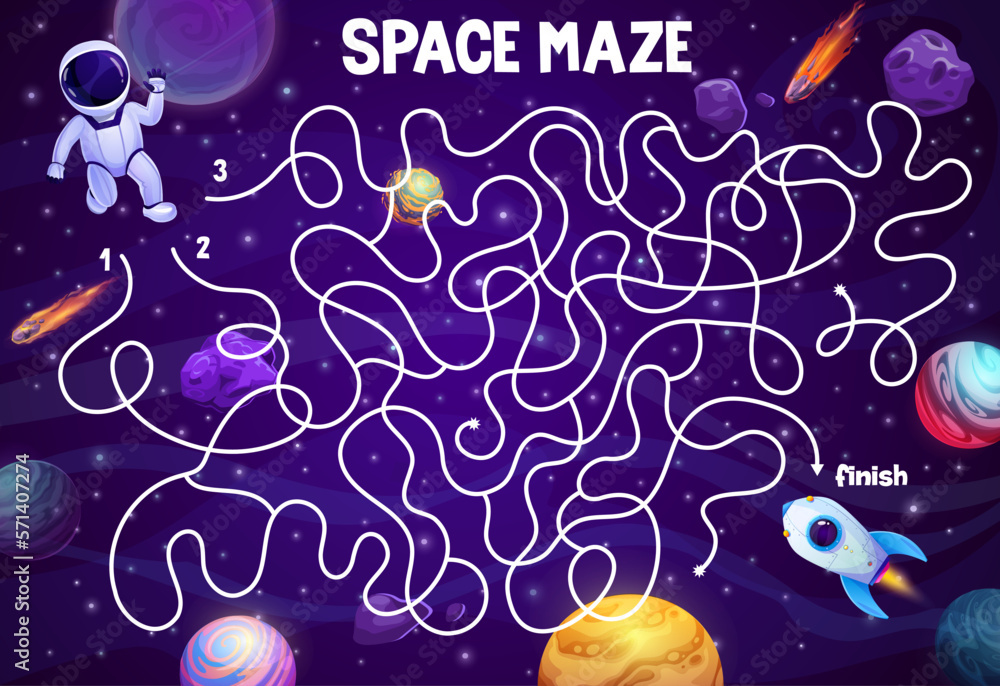 Space labyrinth maze help to astronaut find rocket