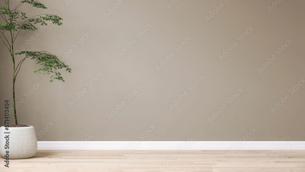 Blank beige brown wall in house with green tropical tree in white modern design pot, baseboard on wo