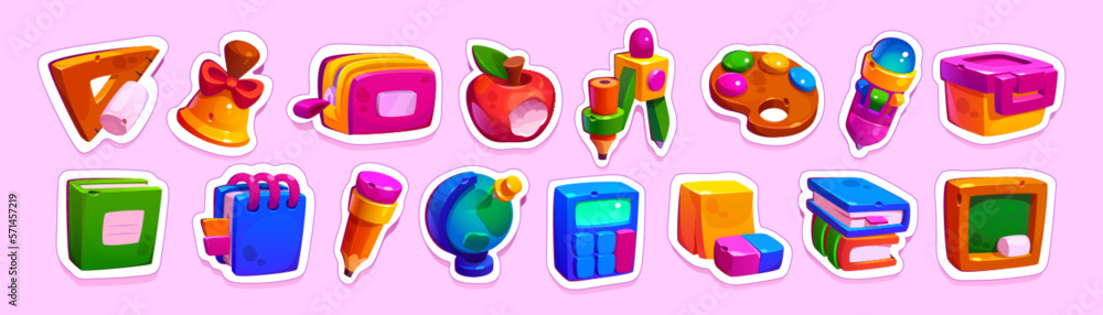 Icon stickers of school stationery, pencil, book, ruler and globe patches. Game objects of education