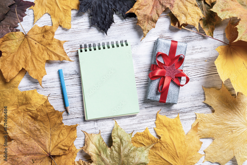 Spiral notepad with pen and gift box on desk