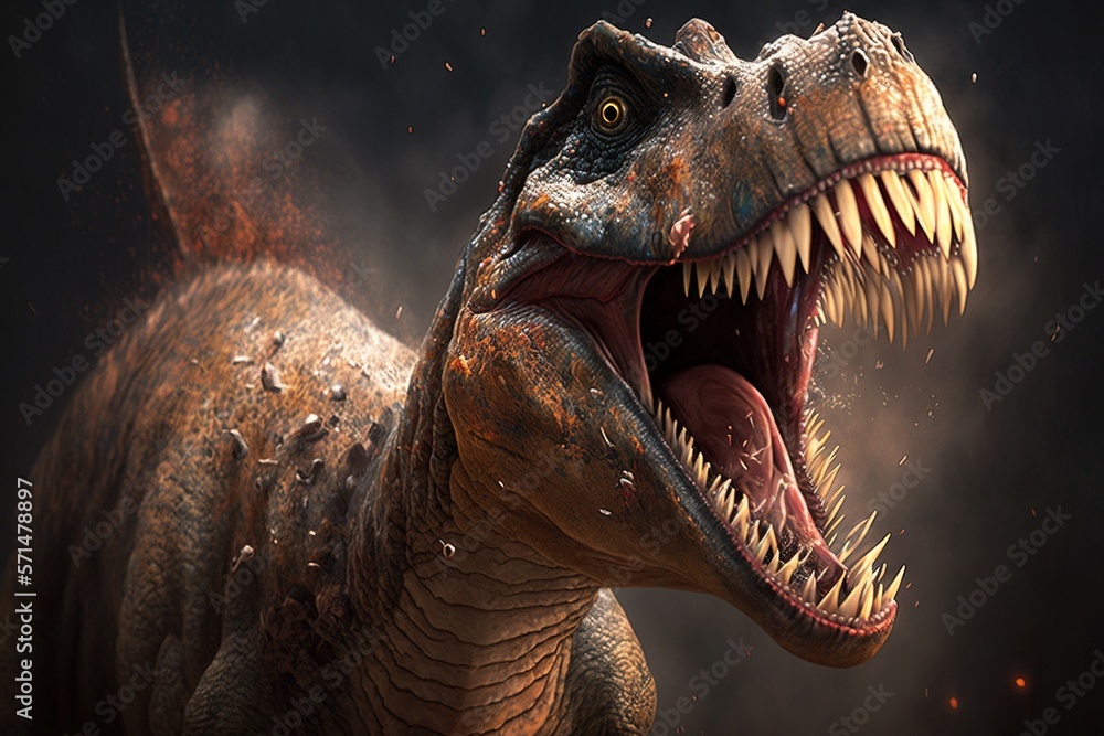 Close-up of a dinosaur t-rex screaming. Generative AI.