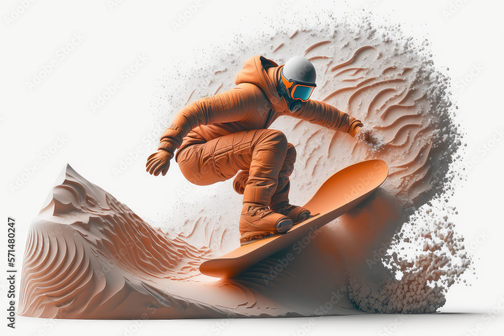 Realistic of a snowboarding on white background. The snowboarder man doing a trick. Carving. 3d illu