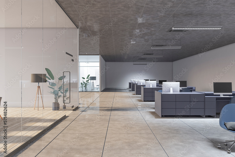 Contemporary minimalistic coworking interior with furniture. 3D Rendering.