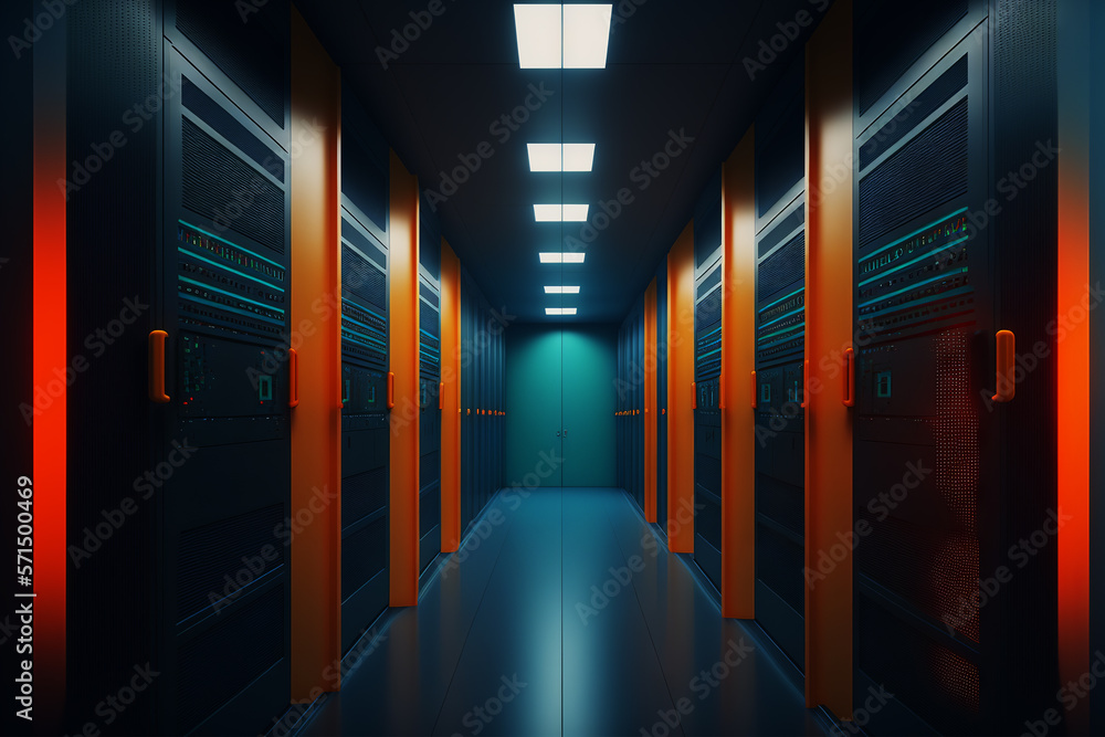 Dark servers data center room with computers and storage systems and orange blue glowing elements. G