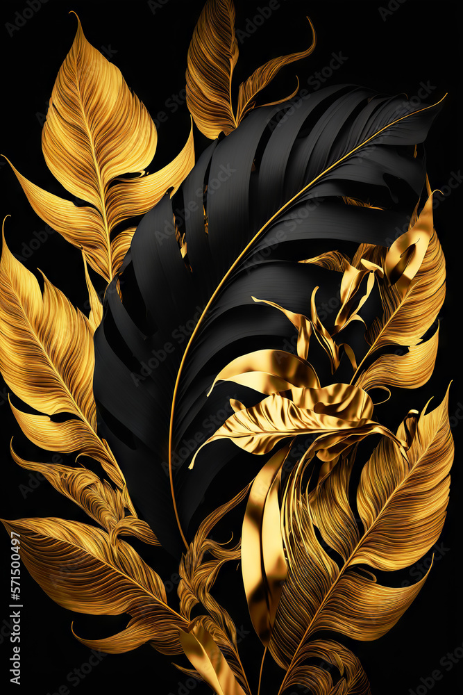 Black and gold tropical leaves background. Golden foliage leaf texture. View of palm plants. Generat