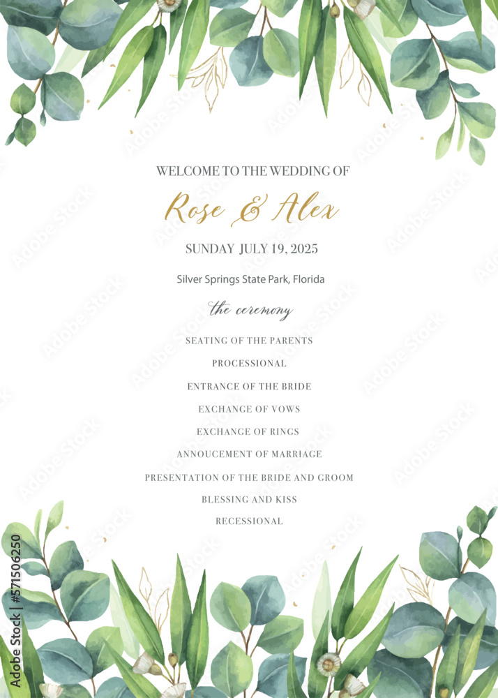 Watercolor vector hand painted wedding invitation card template.