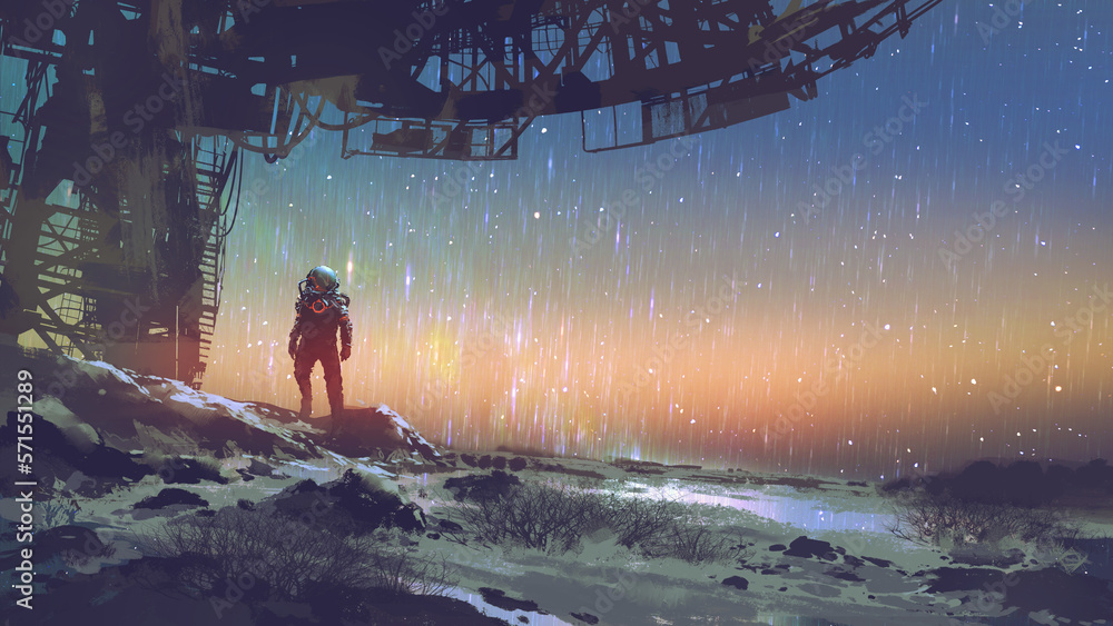 spaceman standing under a futuristic building looking at the night sky, digital art style, illustrat