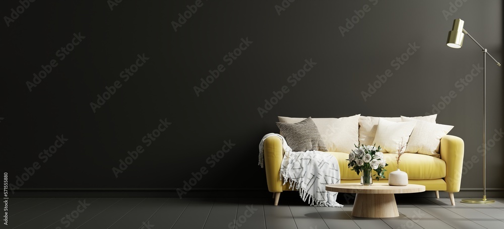 Mockup living room interior with yellow sofa on empty dark black wall background.