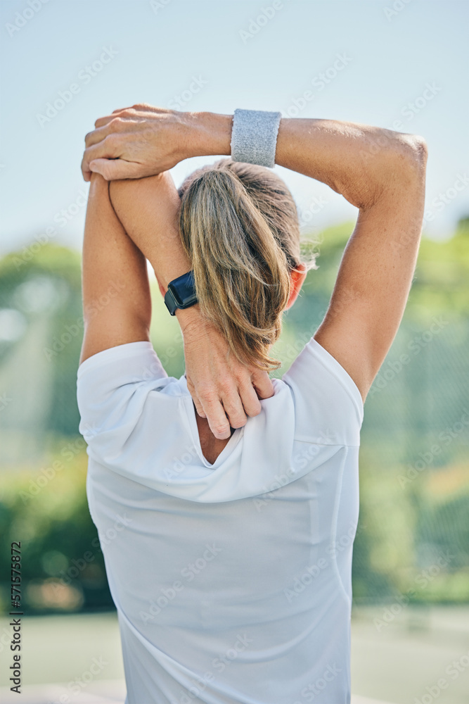 Tennis, back and stretching arm with a sports woman on a court for a warm up before a competitive ga