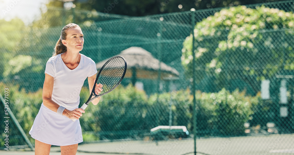 Senior woman, tennis player and ready in sports game for match or hobby on the court. Elderly female