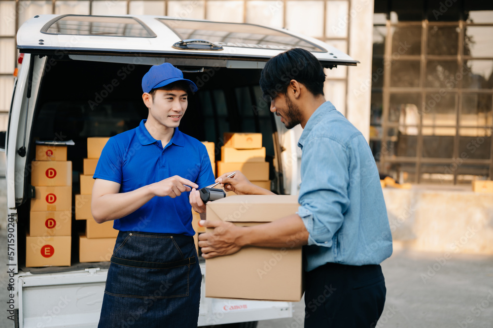 Express Delivery Service. Courier Delivering Package to asian man Delivery service, delivery home an