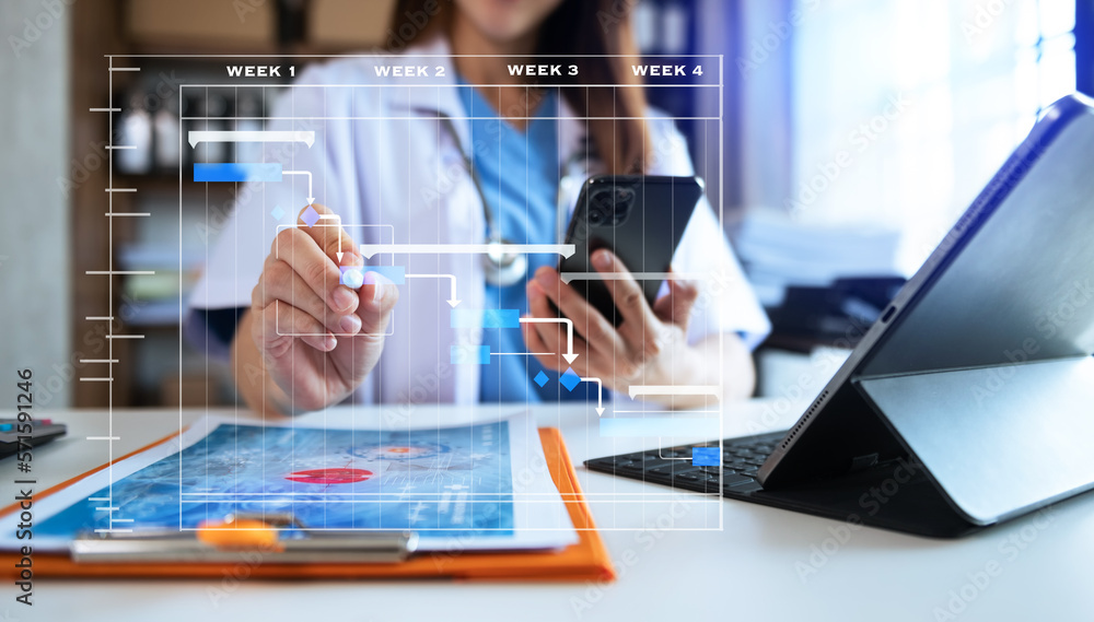 Project manager working and update tasks with Gantt chart scheduling diagram at hospital .success sm