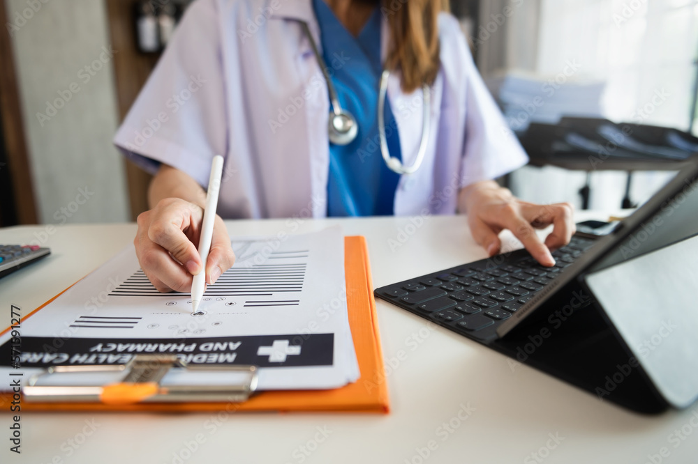 Medicine doctor hand working with modern digital tablet computer interface as medical network concep