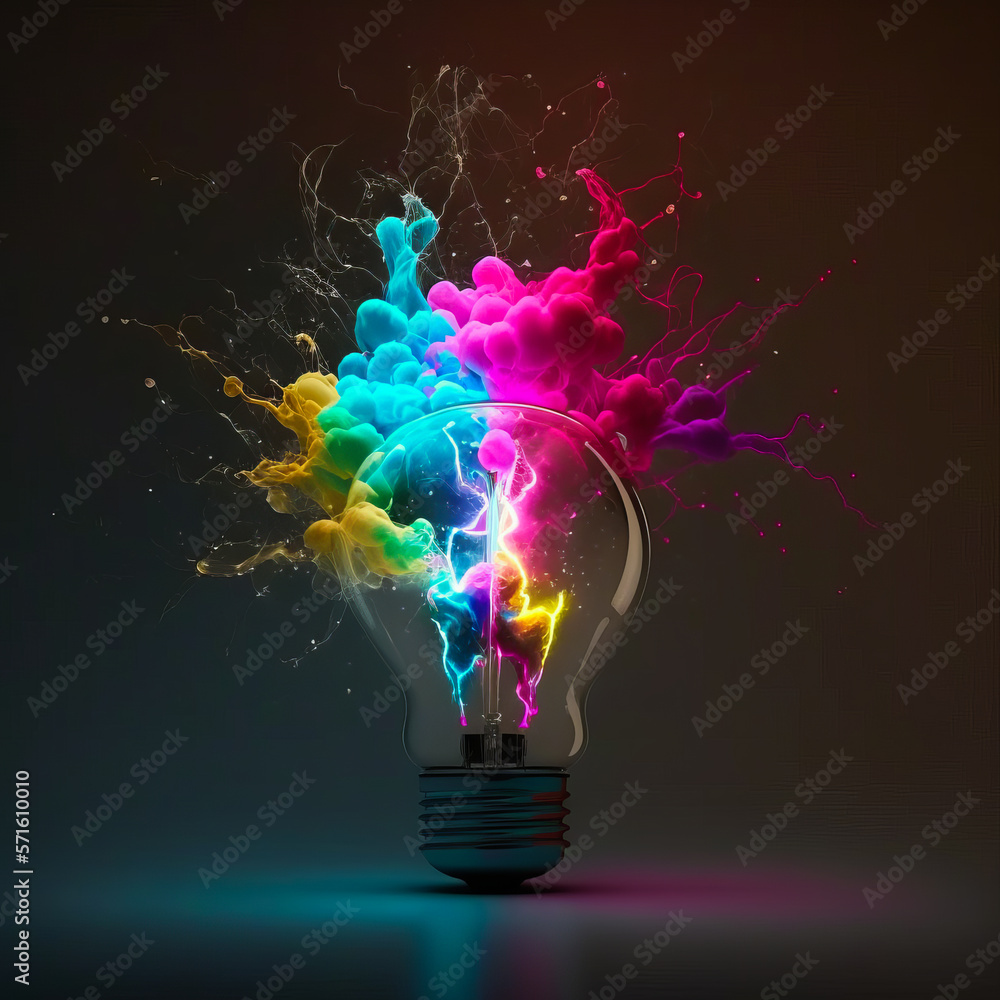 Colorful light bulb with smoke coming out of it. Generative AI.