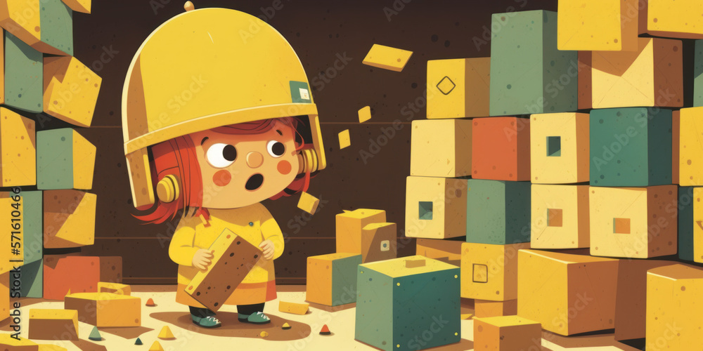 Little girl wearing hard hat standing in front of pile of boxes. Generative AI.