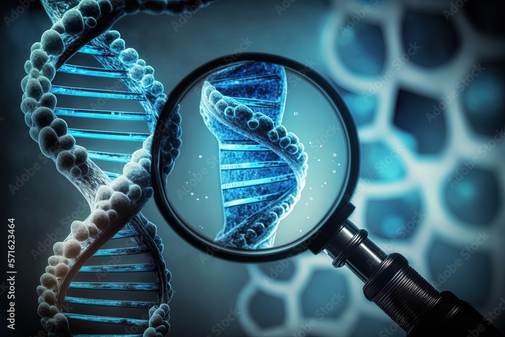 A DNA molecule representation like viewed in a microscope with a magnifying glasses watching a speci