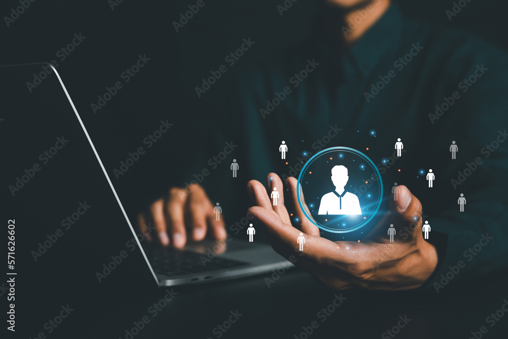 Businessman use computer,Customer Relationship Management, with global structure  Human Resources HR